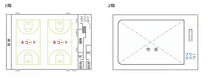 1階国道側がAコート、エントランス側がBコートです。2階はフリーエリアとなっています。