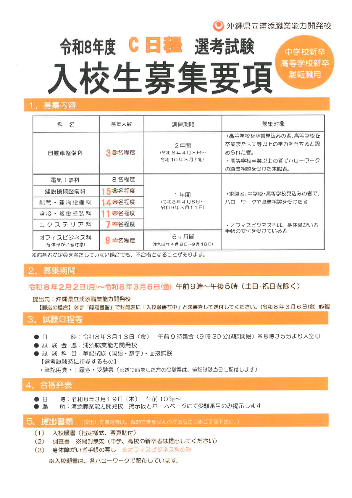 浦添職業能力開発校のパンフレット。詳細は以下の募集要項(PDF)をごらんください。